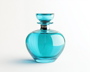 Close up of a blue glass perfume bottle with a stopper on a white background
