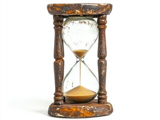 Close up of an old rusty hourglass with sand on a white background studio