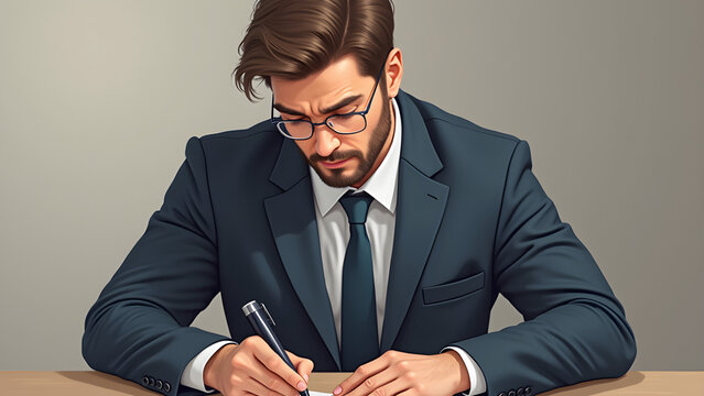 A man in a suit is writing on a piece of paper