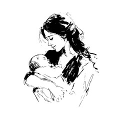 vector drawing of a woman holding a newborn baby in her arms on a white background.Generative AI