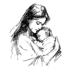 vector drawing of a woman holding a newborn baby in her arms on a white background.Generative AI