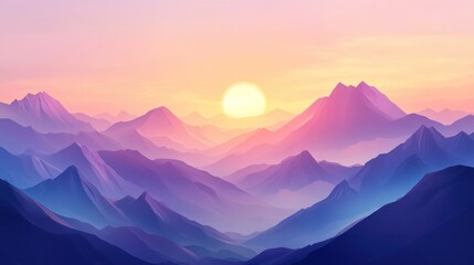 A scenic view of layered mountains with a glowing sun in the background