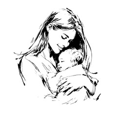 vector drawing of a woman holding a newborn baby in her arms on a white background.Generative AI