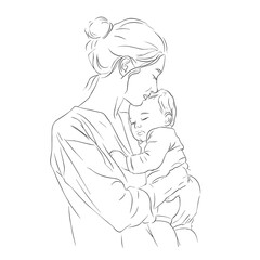 vector drawing of a woman holding a newborn baby in her arms on a white background.Generative AI