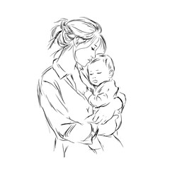 vector drawing of a woman holding a newborn baby in her arms on a white background.Generative AI