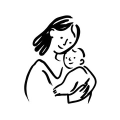 vector drawing of a woman holding a newborn baby in her arms on a white background.Generative AI