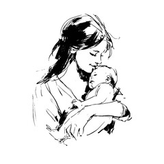 vector drawing of a woman holding a newborn baby in her arms on a white background.Generative AI