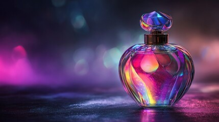 Iridescent perfume bottle with a faceted glass stopper on a dark surface