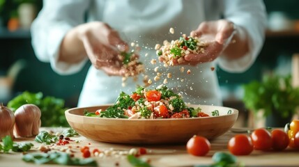 A fresh salad is being prepared with vibrant ingredients, showcasing the art of cooking and the joy of healthy eating in a bright and inviting kitchen environment.