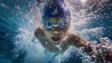 Naklejka premium 水面から勢いよく浮上する少年