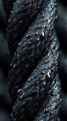 Wet, textured, black rope close-up with water droplets