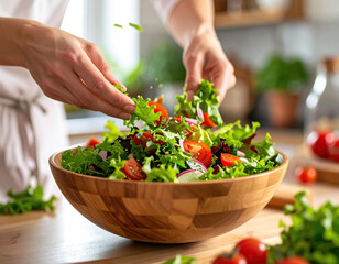 Fresh salad being prepared in a wooden bowl in a bright kitchen setting.