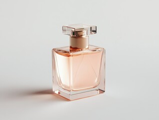 Close up of a square glass perfume bottle with light pink liquid inside it