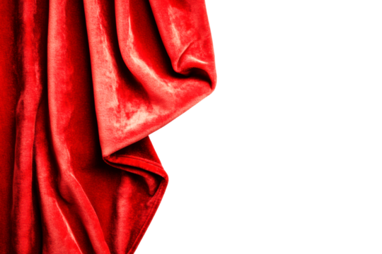 Draping action of red velvet fabric studio setting textile concept isolated on transparent background