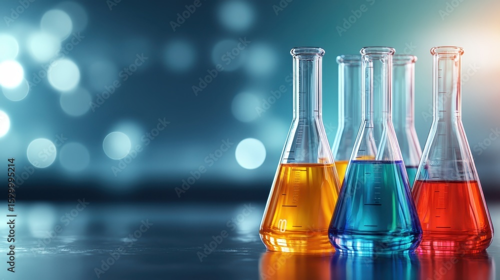 Poster an array of laboratory flasks filled with brightly colored liquids, showcasing a vibrant spectrum of