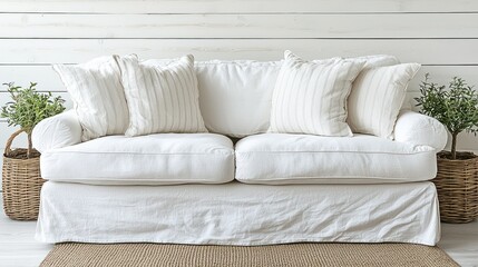 White couch with pillows & plants against white wood wall