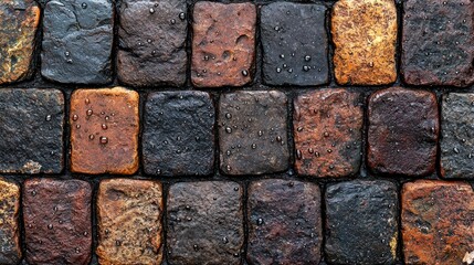 Wet, colorful cobblestone pavement texture