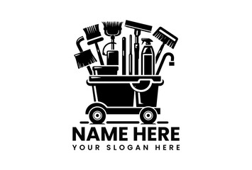 Modern black vector logo concept of industrial janitorial cart with complete cleaning tools and supplies
