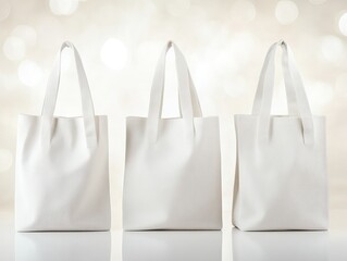 Three white tote bags standing in a row against a blurred light background