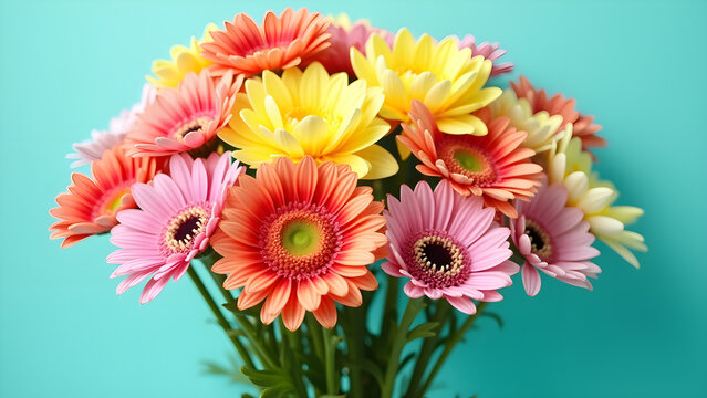 Bright bouquet of colorful flowers against a teal background enhances the atmosphere of any bright setting