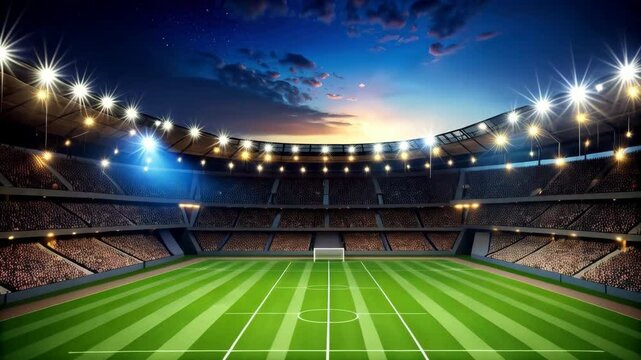 View of a soccer stadium with bright lights illuminating the green field and crowds in the stands, under a twilight sky.