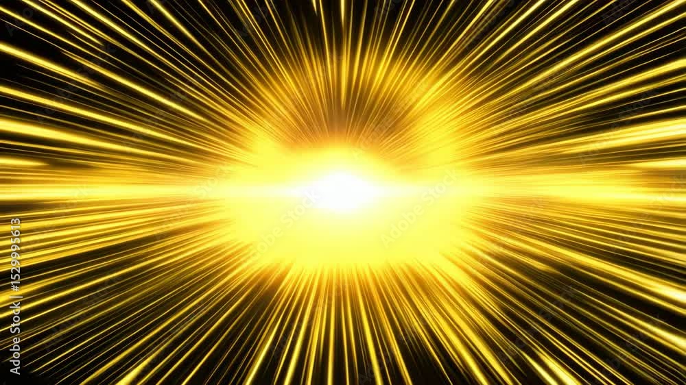 Poster radiant burst of golden light emitting streaks from a bright center in a dark backdrop, creating an 
