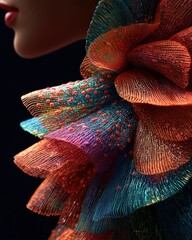 Woman with layered, textured, colorful, petal-like garment