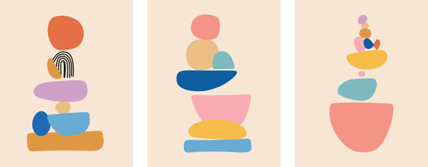 Minimalist Abstract Stacked Shapes Trio in Earth Tones Vector Illustration Set