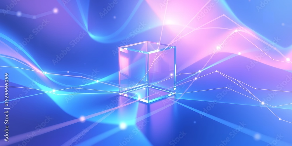Poster a clear cube with glowing edges and lines on a blue and purple gradient background with light flares