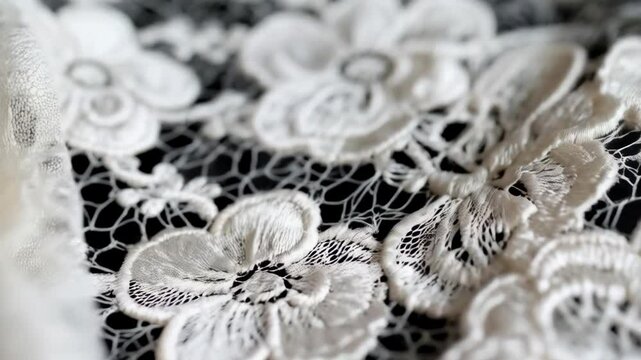 Detailed closeup of intricate, delicate floral lace fabric in off-white, showing fine threadwork, openwork and woven background design.