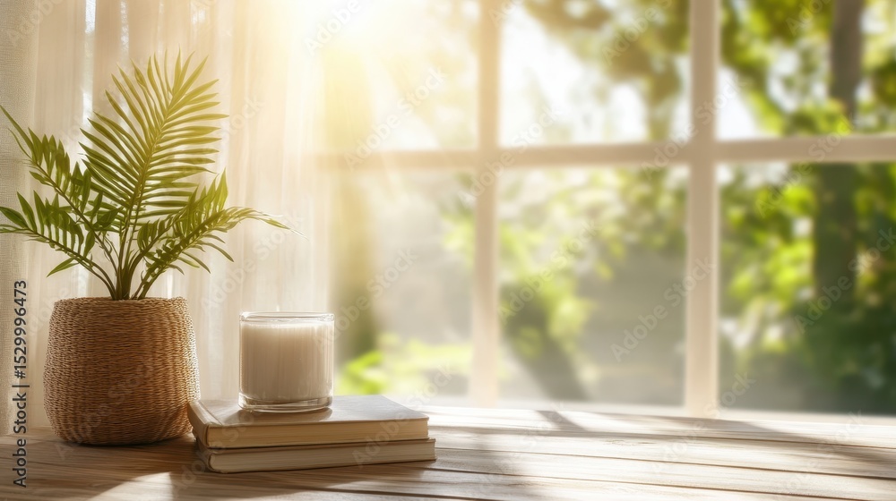 Poster a calming indoor setup featuring a lit candle and stacked books by a window, creating a peaceful atm