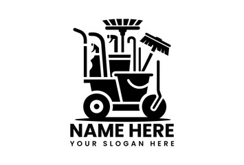 Modern black vector logo concept of industrial janitorial cart with complete cleaning tools and supplies