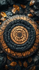 Woven rope on wooden circle, surrounded by leaves