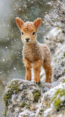 Young ibex stands on a snowy rock in snowfall