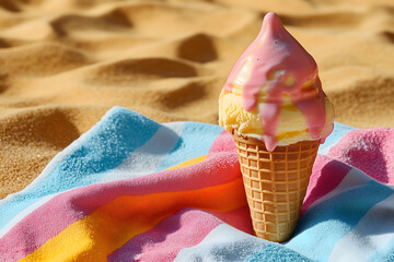 Melting Ice Cream Cone on Beach Towel - Summer Dessert