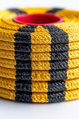 Yellow/black rope roll. Red core visible. Detailed weave