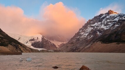 Pink Clouds over Cerro Torre at Sunrise, Laguna Torre, El Chalten, Argentina
