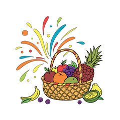 Vibrant vector fruit basket bursting with apples, oranges, bananas, grapes, and berries. A festive splash of color adds energy. Clean, detailed, For POD, Tshirt design and food themes..eps