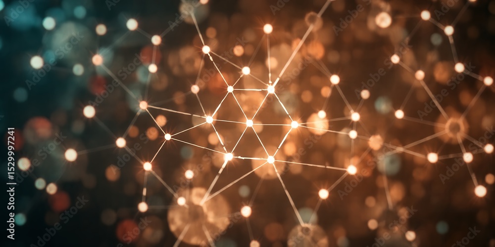 Poster abstract network of interconnected glowing nodes and lines against a blurred background design