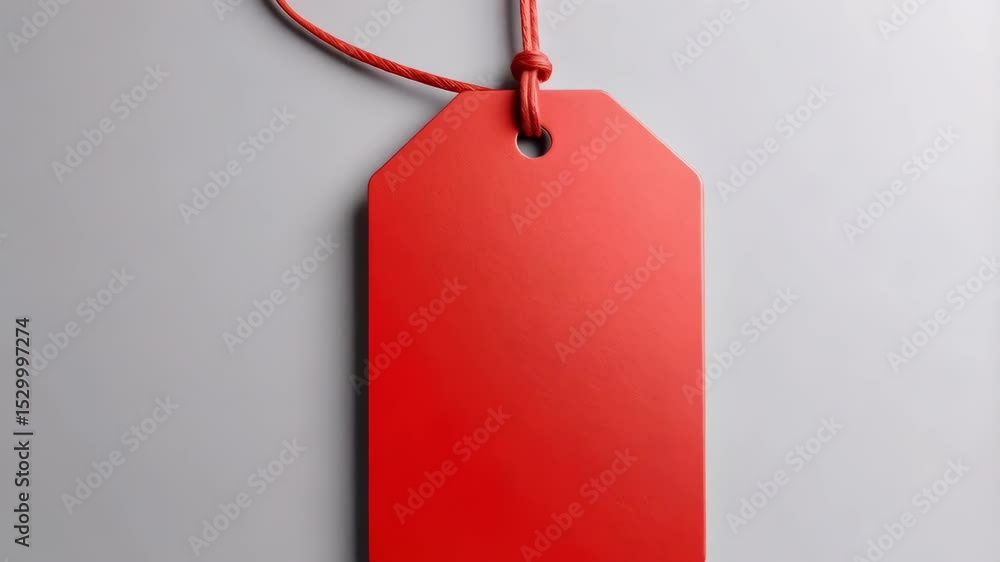 Poster bright red tag hanging by string, providing empty space for text on light gray background ideal for 