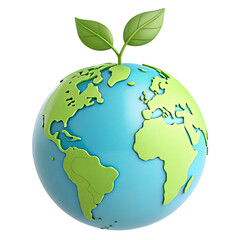 Stylized globe with green continents and a small sprout growing from the top on white background
