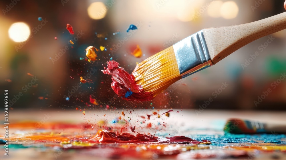 Poster a dynamic scene showcasing red paint bursting from a brush against a colorful palette, encapsulating