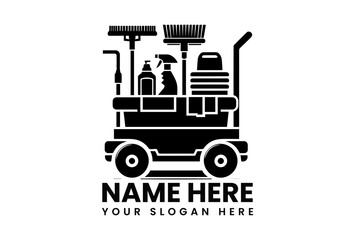 Comprehensive black vector logo of fully stocked janitorial cleaning cart with various professional tools