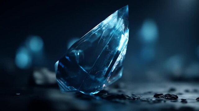 close up of a glowing blue crystal with a dark blurred background.