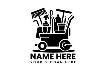 Detailed black vector silhouette of professional janitorial cart stocked with cleaning supplies and equipment