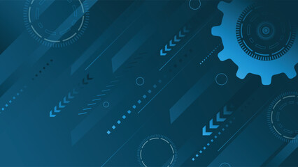 Abstract tech background featuring mechanical gear shapes, digital elements, and diagonal blue lines, ideal for themes of innovation, industry, automation, and engineering