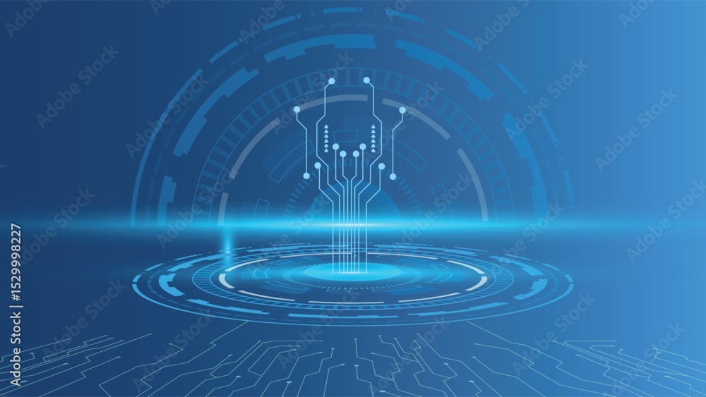 Poster futuristic tech background featuring glowing circuit lines, circular digital interface, and blue gra