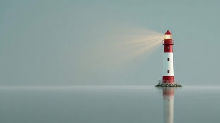 White and red lighthouse glowing over calm sea symbolizing maritime guidance and safety