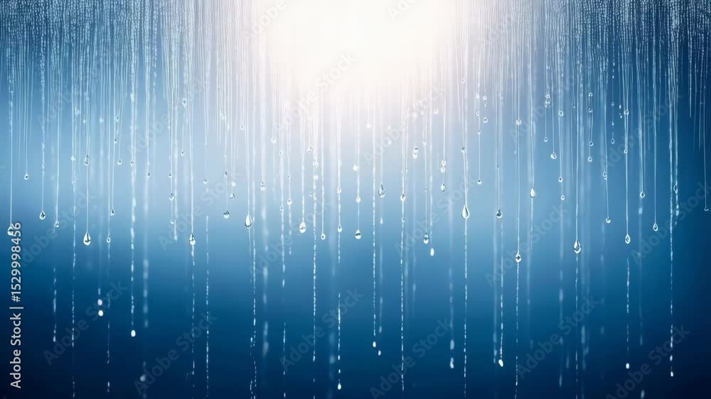 Poster abstract blue background with falling water droplets from above illuminated by a bright light, creat