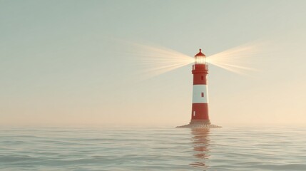 White and red lighthouse glowing over calm sea symbolizing maritime guidance and safety